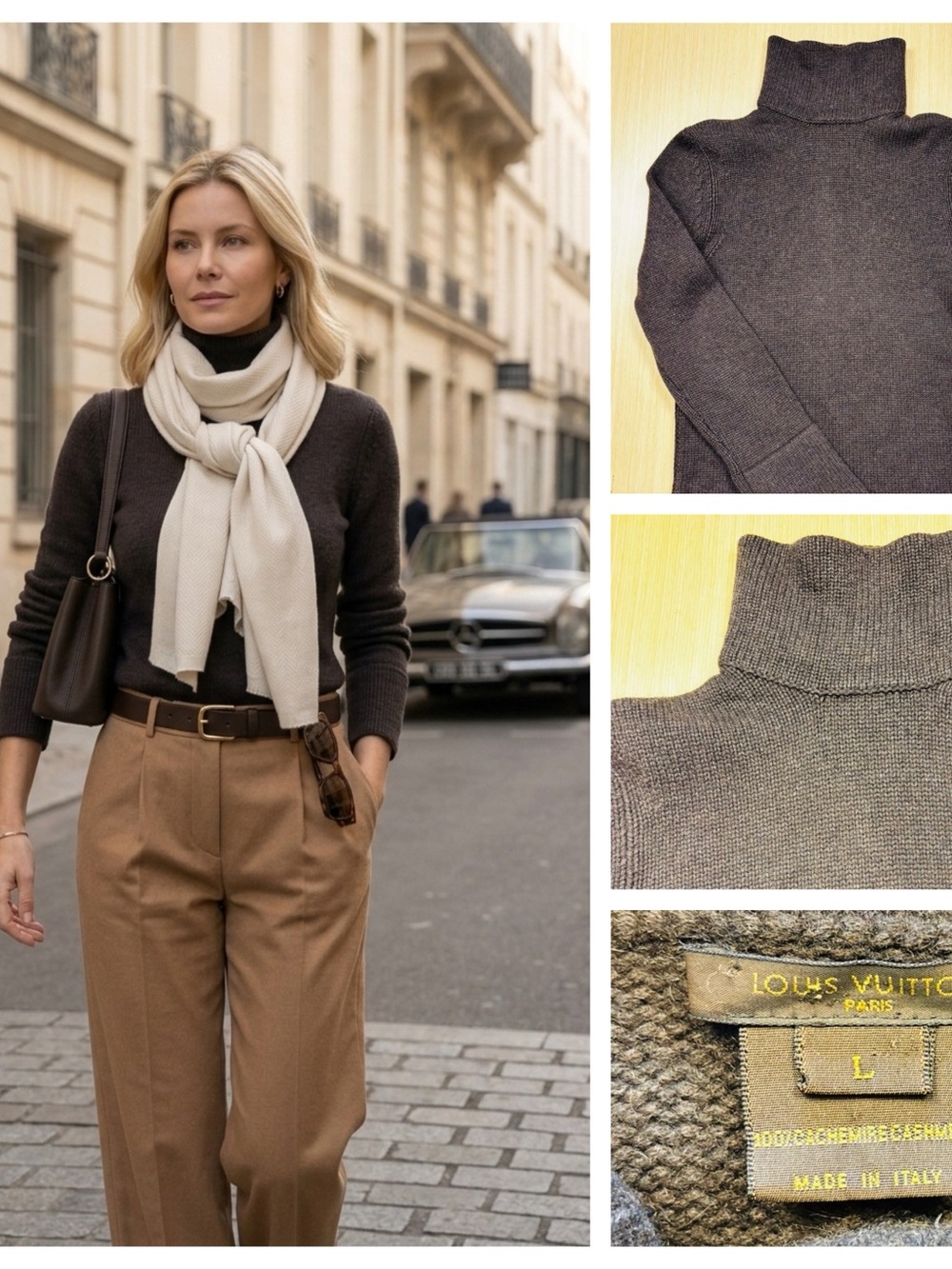 Louis Vuitton 100% Cashmere Espresso Turtleneck Knit Sweater Sz L COA